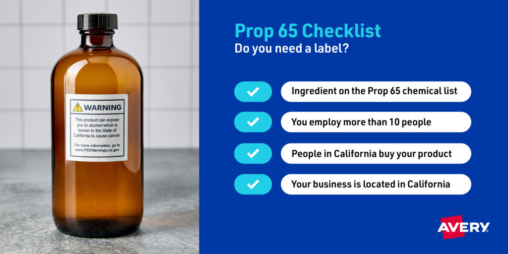 An infographic showing a brown glass bottle with a Proposition 65 warning label, alongside a checklist titled 'Prop 65 Checklist: Do you need a label?' The checklist includes four items: 'Ingredient on the Prop 65 chemical list,' 'You employ more than 10 people,' 'People in California buy your product,' and 'Your business is located in California.' The image also features the Avery logo.