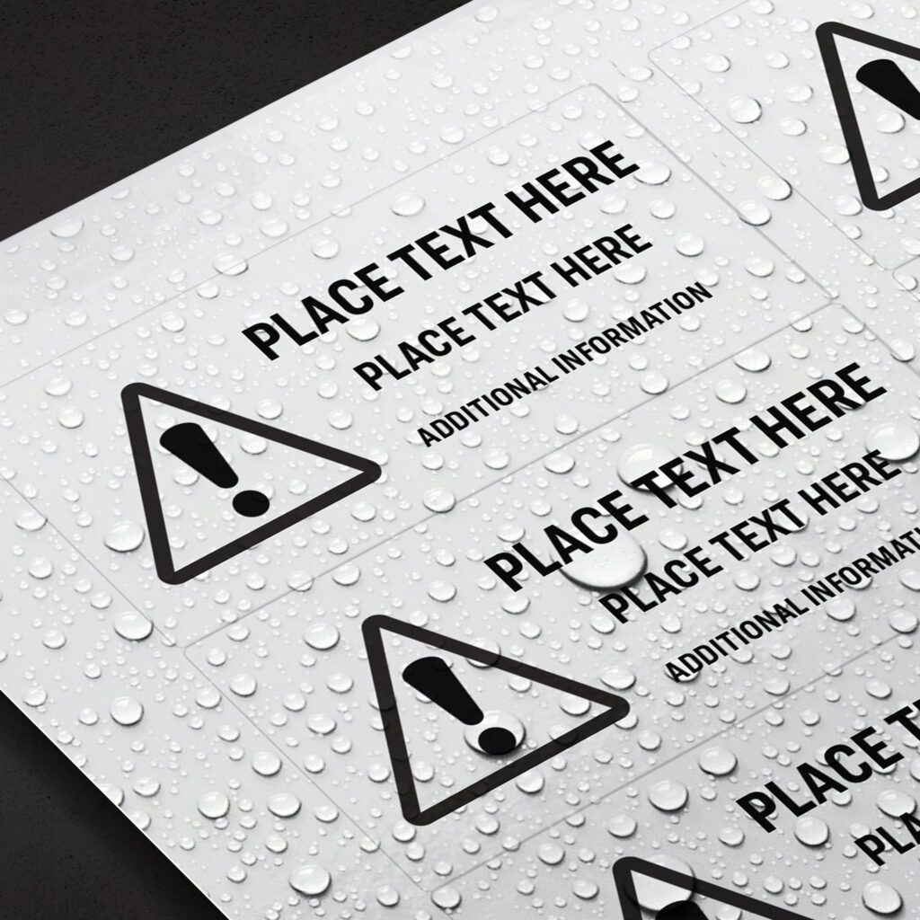 A close-up image of Avery UltraDuty film labels with water droplets on the surface, highlighting the waterproof and durable material. The labels feature a warning symbol (exclamation mark in a triangle) with placeholder text 'PLACE TEXT HERE' and 'ADDITIONAL INFORMATION."