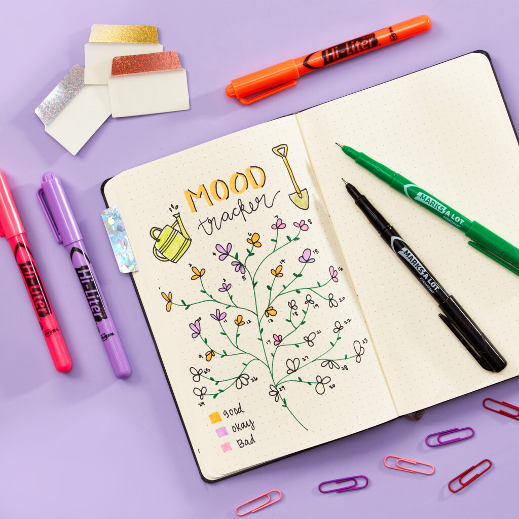 A beautifully designed bullet journal spread featuring a mood tracker in the shape of a blooming tree. The tracker uses colors to represent moods—good, okay, and bad—highlighted with vibrant markers. Surrounding the journal are Avery Ultra Tabs, Hi-Liter markers, pens, and colorful paperclips, creating a creative and functional setup for monitoring emotions and adding a touch of artistry to daily tracking.