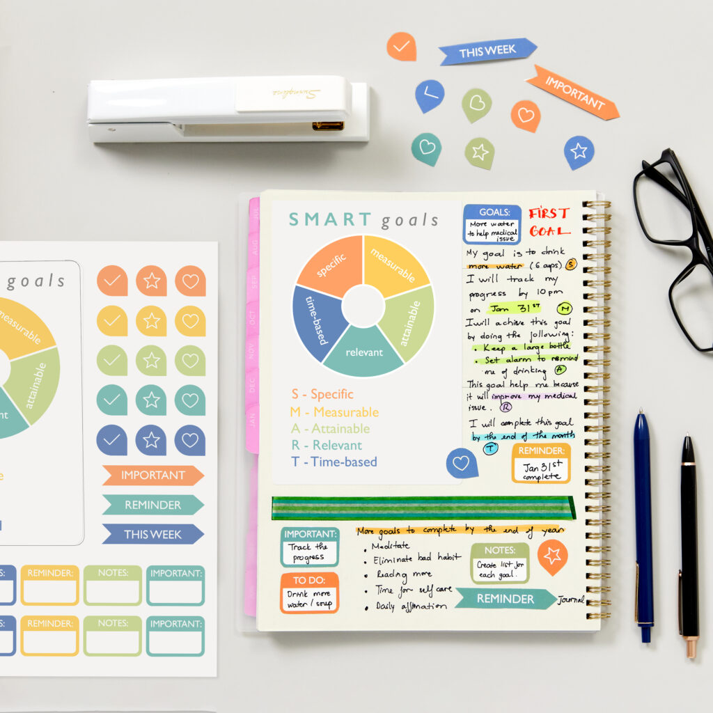 A goal-setting notebook featuring a free Avery template for SMART Goals stickers, highlighting the Specific, Measurable, Attainable, Relevant, and Time-based framework. The layout includes a colorful diagram, motivational notes, and sections for tracking progress with stickers labeled "Important," "Reminder," and "This Week." Surrounding the notebook are additional stickers, a stapler, and pens, showcasing a creative planner idea for organizing and achieving personal or professional goals.