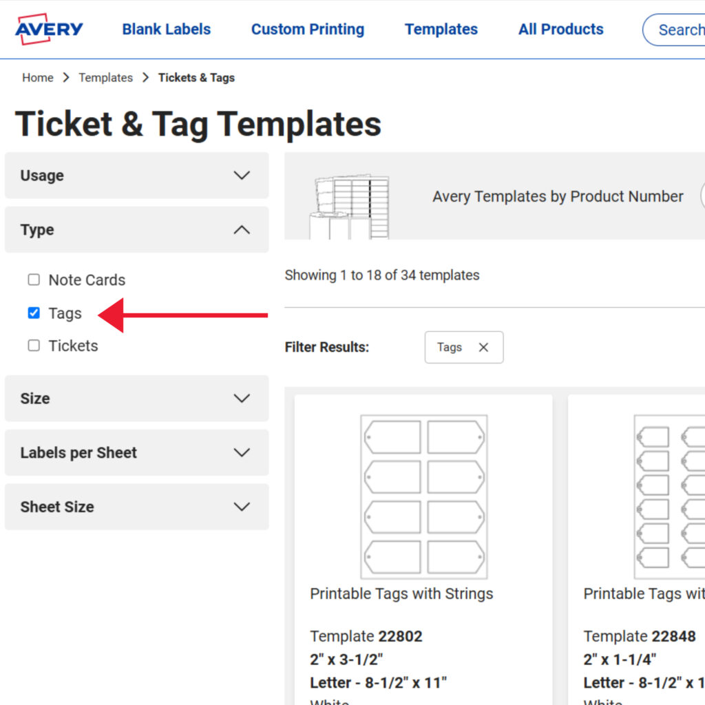 How to find templates for DIY gift tags on Avery.com by browsing tag products.