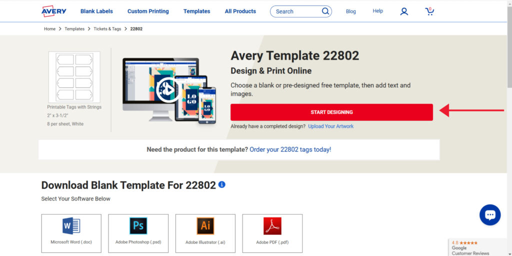 Screenshot of the Avery Template 22802 page. The page offers options to design and print DIY gift tags online or download a blank template. There’s a large red "Start Designing" button, an image showing a computer and mobile device displaying tag designs, and four downloadable file formats: Microsoft Word (.doc), Adobe Photoshop (.psd), Adobe Illustrator (.ai), and Adobe PDF (.pdf).