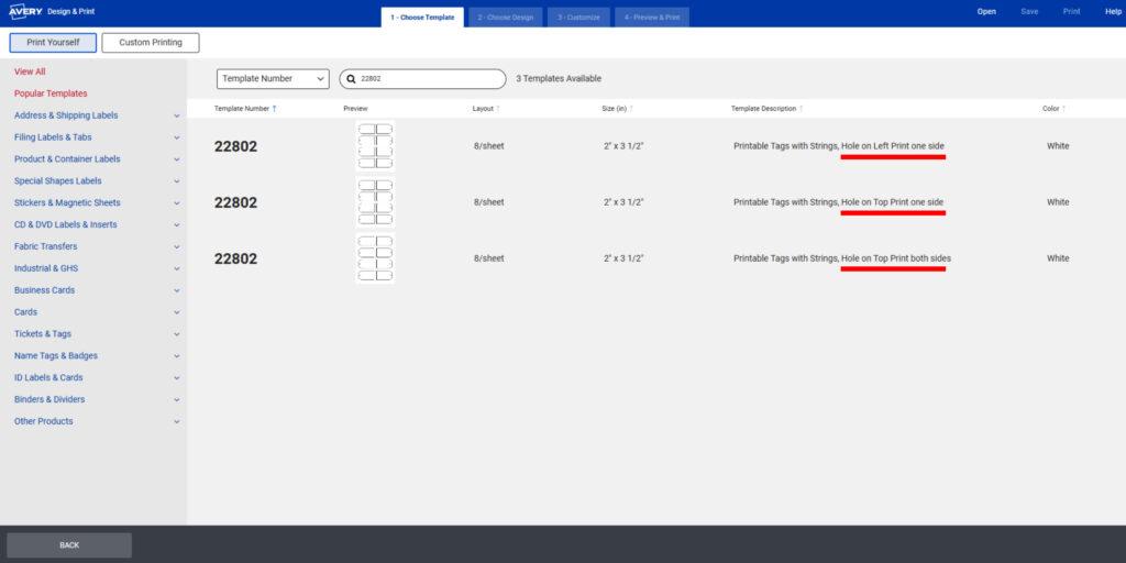 Screenshot of the Avery Design & Print interface displaying three versions of Avery Template 22802. Each template shows a preview layout of 8 tags per sheet, size 2" x 3 1/2". The descriptions specify tag hole placement: "Hole on Left Print one side," "Hole on Top Print one side," and "Hole on Top Print both sides." The color is listed as white. The interface includes navigation options for selecting, designing, customizing, and printing templates.