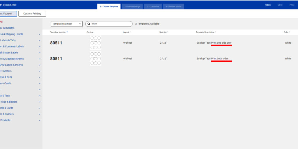 Screenshot of Avery Design & Print interface showing two versions of Avery Template 80511. Both templates display a layout of 9 tags per sheet, each measuring 2 1/2 inches. The template descriptions highlight "Scallop Tags Print one side only" and "Scallop Tags Print both sides," with white as the listed color. The interface includes options for template selection, customization, and printing.