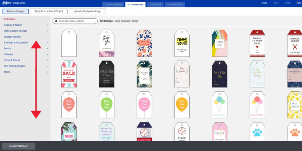  Screenshot of the Avery Design & Print interface displaying a selection of pre-designed tags for Avery Template 22802. The screen shows multiple DIY gift tag designs with various colors, patterns, and themes, including floral, thank-you messages, balloons, and placeholders for custom text. A left-side navigation menu allows browsing by categories like "Animals & Nature," "Business & Occupation," and "Home & School." The interface includes options to "Browse Designs," "Apply from a Saved Project," or "Upload a Complete Design." A large red arrow highlights the vertical scroll functionality.