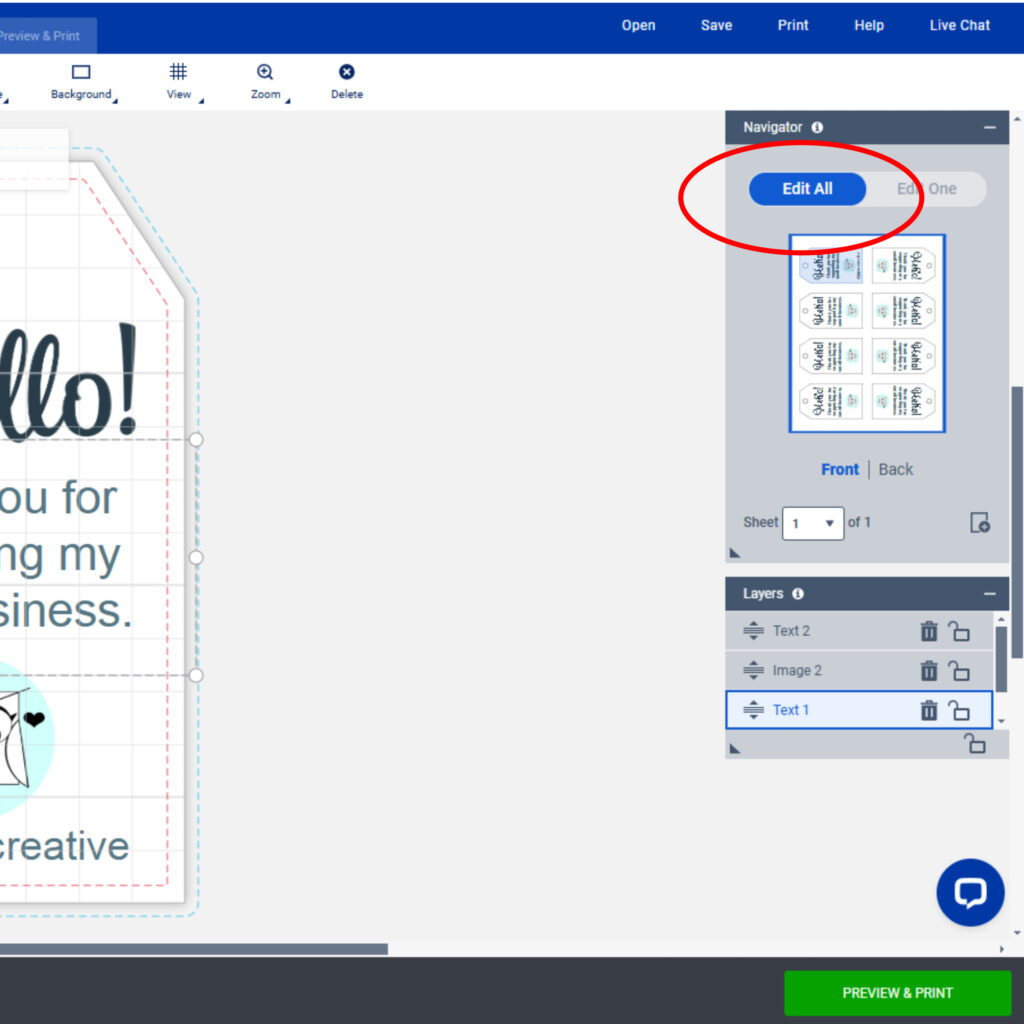 Screenshot of the Avery Design & Print interface focusing on the right-side Navigator panel. The "Edit All" button is highlighted with a red circle, allowing users to apply changes across all tags. The panel displays a thumbnail view of the sheet layout and a list of editable layers, including text and image elements. The bottom-right corner shows the "PREVIEW & PRINT" button for finalizing the design.