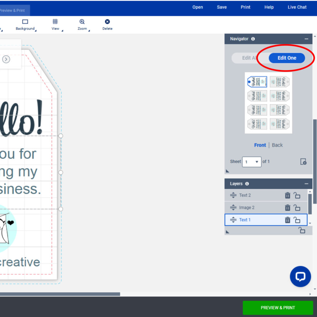 Screenshot of the Avery Design & Print interface focusing on the right-side Navigator panel. The "Edit One" button is highlighted with a red circle, allowing users to edit a single tag individually. The panel shows a thumbnail view of the sheet layout, with one tag selected. The layer management section is visible below, listing text and image layers. The bottom-right corner displays the "PREVIEW & PRINT" button for finalizing the design.