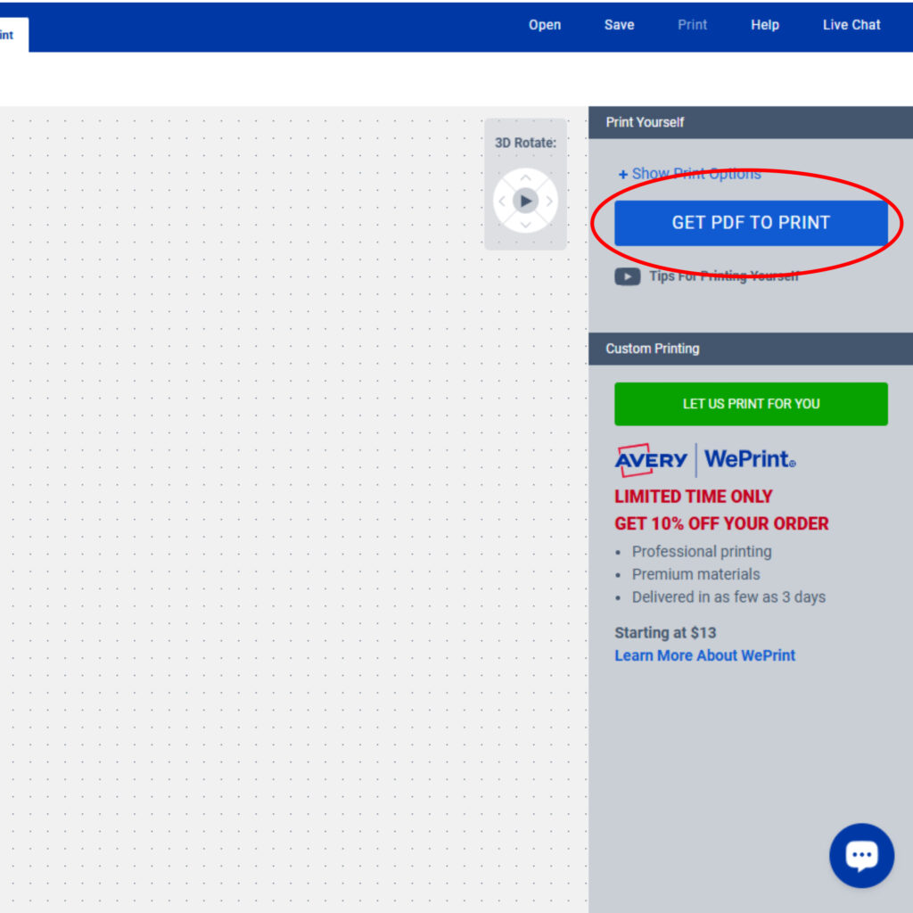 Screenshot of the Avery Design & Print interface focusing on the "Print Yourself" section. The "GET PDF TO PRINT" button is highlighted with a red circle, allowing users to download their design as a PDF for self-printing. The "LET US PRINT FOR YOU" option below promotes Avery WePrint services with a limited-time offer for 10% off professional printing. The text includes pricing details and delivery information.